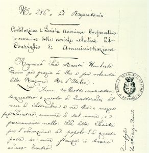 Prima pagina dell' Atto Costitutivo originale del 14 settembre 1884.